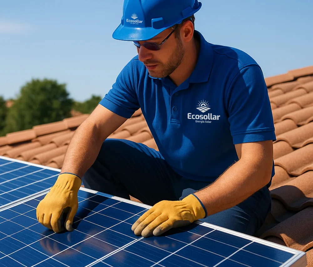 Instalador da Ecosollar fixando placas solares em um telhado